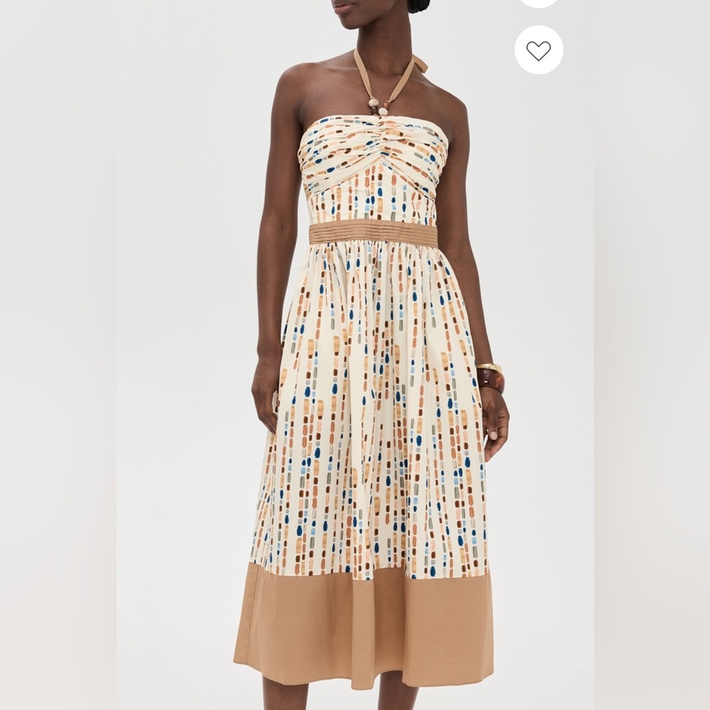 Shoshanna Cream Midi Dress with Tan, Blue and Brown Print